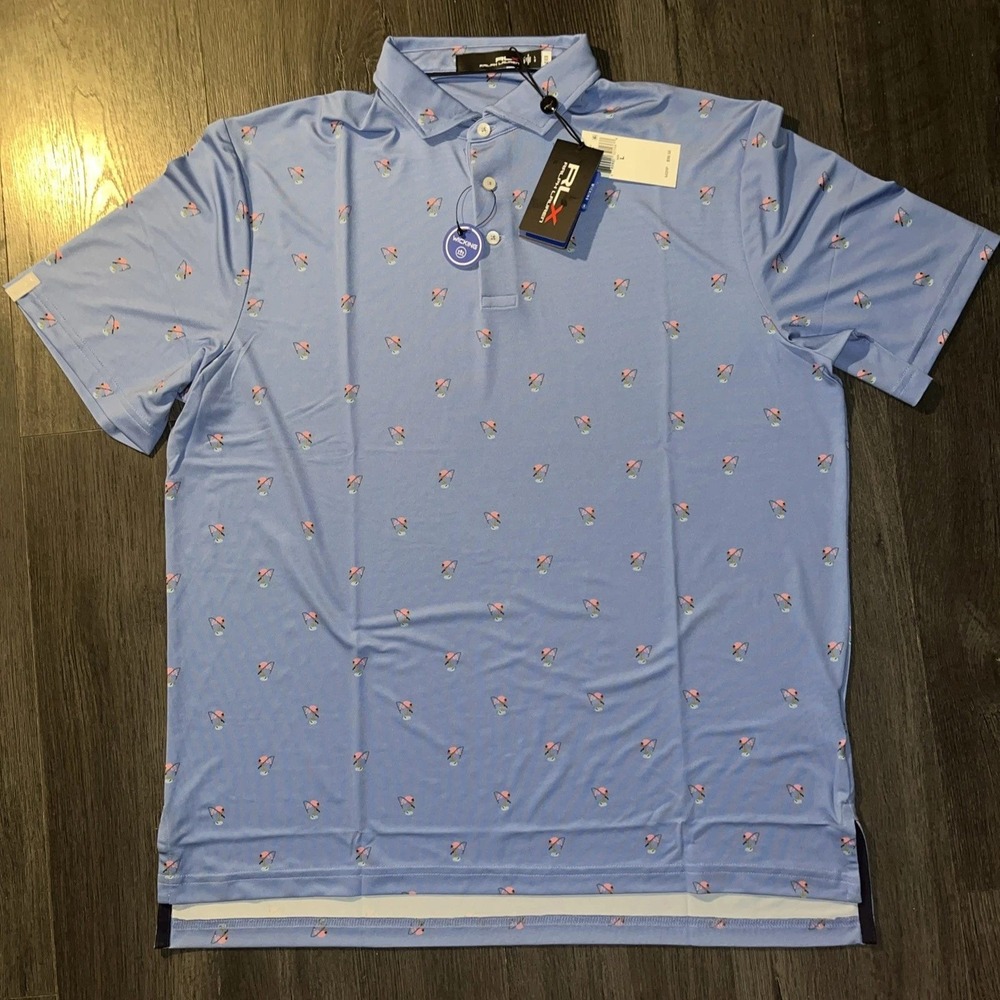 RLX Ralph Lauren Mens Blue Flamingo Fishing Golf Polo Shirt Size Large NWT